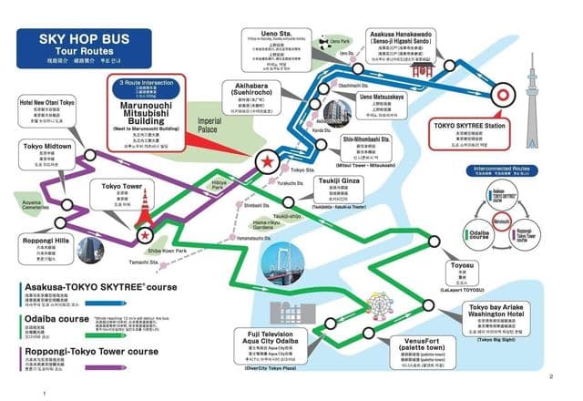 Mapa de excursiones en autobús de Tokyo Hop On Hop Off