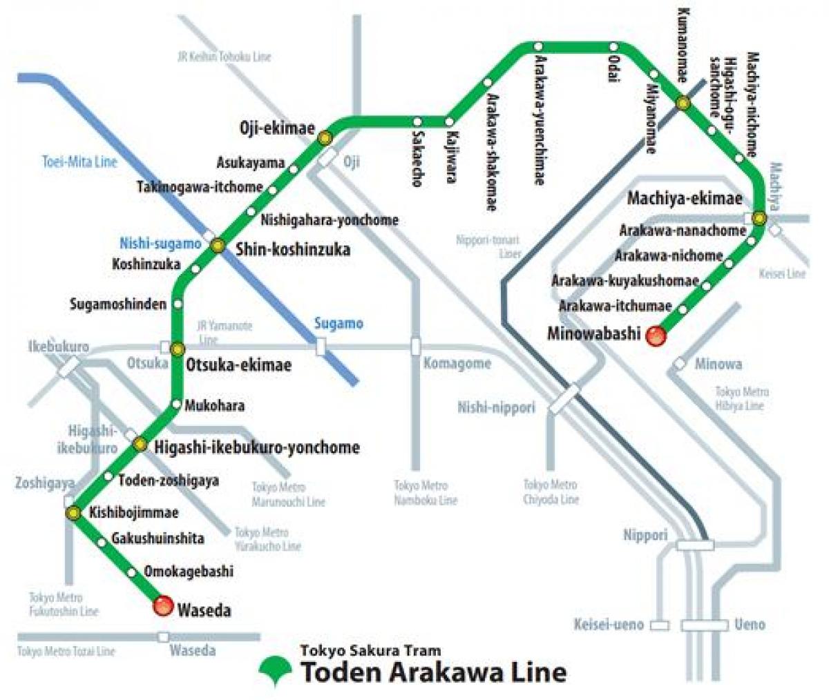 Mapa de las estaciones de tranvía de Tokio